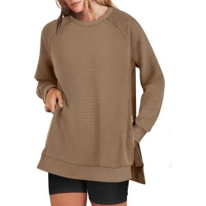 imageANRABESS Womens Oversized Sweatshirts Crewneck Long Sleeve Tunic Pullover Shirts Side Zipper Hoodies 2026 Spring ClothesKhaki