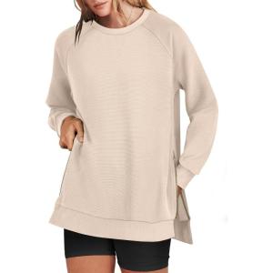 imageANRABESS Womens Oversized Sweatshirts Crewneck Long Sleeve Tunic Pullover Shirts Side Zipper Hoodies 2026 Spring ClothesLight Almond