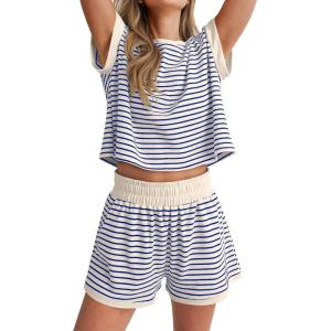 imageANRABESS Womens Pajama Sets Striped 2 Piece Lounge Shorts PJ Set Short Sleeve T Shirts 2026 Casual Summer Loungewear OutfitsBlue Beige Striped