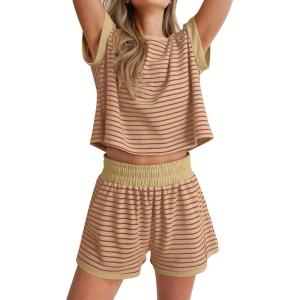 imageANRABESS Womens Pajama Sets Striped 2 Piece Lounge Shorts PJ Set Short Sleeve T Shirts 2026 Casual Summer Loungewear OutfitsKhaki Pink Stripe