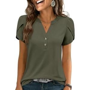 imageANRABESS Womens Petal Short Sleeve Henley Shirts Summer 2026 V Neck Dressy Casual Blouses Spring Business Work Tunic TopsArmy Green