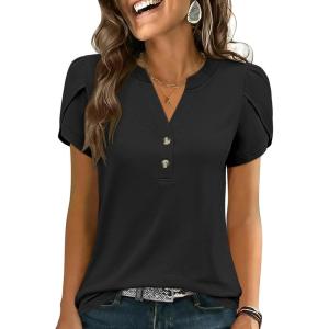 imageANRABESS Womens Petal Short Sleeve Henley Shirts Summer 2026 V Neck Dressy Casual Blouses Spring Business Work Tunic TopsBlack