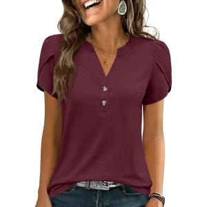 imageANRABESS Womens Petal Short Sleeve Henley Shirts Summer 2026 V Neck Dressy Casual Blouses Spring Business Work Tunic TopsBurgundy