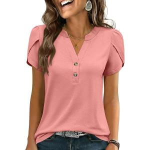 imageANRABESS Womens Petal Short Sleeve Henley Shirts Summer 2026 V Neck Dressy Casual Blouses Spring Business Work Tunic TopsCoral