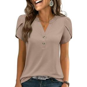 imageANRABESS Womens Petal Short Sleeve Henley Shirts Summer 2026 V Neck Dressy Casual Blouses Spring Business Work Tunic TopsKhaki