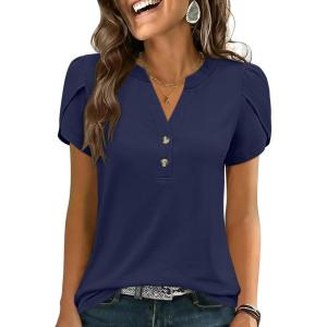 imageANRABESS Womens Petal Short Sleeve Henley Shirts Summer 2026 V Neck Dressy Casual Blouses Spring Business Work Tunic TopsNavy Blue