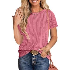 imageANRABESS Womens Short Sleeve Crewneck Shirts Ribbed Knit High Low Hem T Shirt 2026 Summer Spring Casual Tops Trendy ClothesCoral Pink