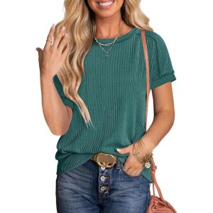 imageANRABESS Womens Short Sleeve Crewneck Shirts Ribbed Knit High Low Hem T Shirt 2026 Summer Spring Casual Tops Trendy ClothesDeep Green