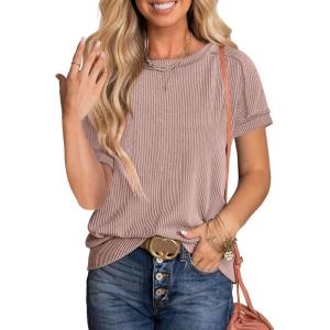 imageANRABESS Womens Short Sleeve Crewneck Shirts Ribbed Knit High Low Hem T Shirt 2026 Summer Spring Casual Tops Trendy ClothesKhaki Pink