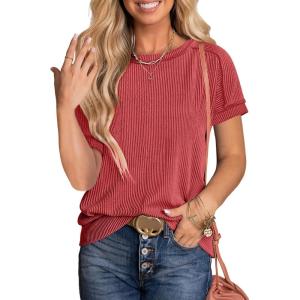imageANRABESS Womens Short Sleeve Crewneck Shirts Ribbed Knit High Low Hem T Shirt 2026 Summer Spring Casual Tops Trendy ClothesRed