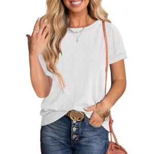 imageANRABESS Womens Short Sleeve Crewneck Shirts Ribbed Knit High Low Hem T Shirt 2026 Summer Spring Casual Tops Trendy ClothesWhite