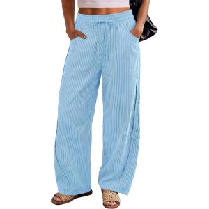 imageANRABESS Womens Striped Barrel Casual Pants 2026 Trendy Summer Elastic Drawstring Baggy Lounge Wide Leg Trousers with PocketsBlue White Stripe