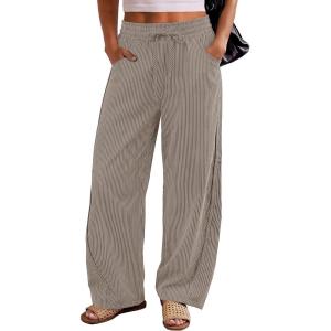 imageANRABESS Womens Striped Barrel Casual Pants 2026 Trendy Summer Elastic Drawstring Baggy Lounge Wide Leg Trousers with PocketsKhaki White Stripe