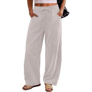 imageANRABESS Womens Striped Barrel Casual Pants 2026 Trendy Summer Elastic Drawstring Baggy Lounge Wide Leg Trousers with PocketsLight Brown White Stripe