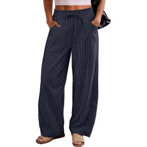 imageANRABESS Womens Striped Barrel Casual Pants 2026 Trendy Summer Elastic Drawstring Baggy Lounge Wide Leg Trousers with PocketsNavy Blue White Stripe