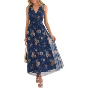 imageANRABESS Womens Summer Floral Dress V Neck Sleeveless A Line Wedding Guest Maxi Tulle Dresses Casual Beach Vacation ClothesBlue Golden Flower