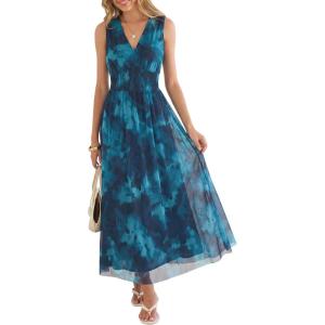 imageANRABESS Womens Summer Floral Dress V Neck Sleeveless A Line Wedding Guest Maxi Tulle Dresses Casual Beach Vacation ClothesFloral Blue