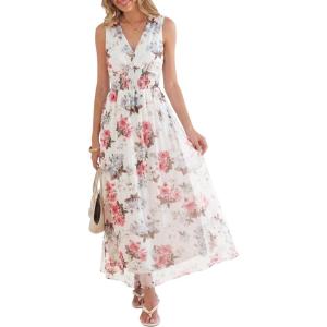 imageANRABESS Womens Summer Floral Dress V Neck Sleeveless A Line Wedding Guest Maxi Tulle Dresses Casual Beach Vacation ClothesPink Peony White