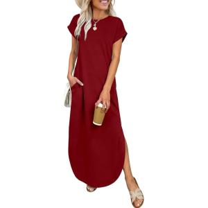 imageANRABESS Womens Summer Maxi Dress 2026 Casual Short Sleeve Loose Split WrinkleFree Beach Vacation Long Sundress with PocketsDark Red