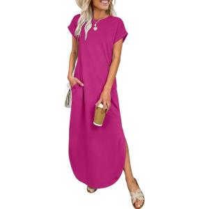 imageANRABESS Womens Summer Maxi Dress 2026 Casual Short Sleeve Loose Split WrinkleFree Beach Vacation Long Sundress with PocketsHot Pink