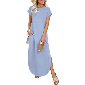 imageANRABESS Womens Summer Maxi Dress 2026 Casual Short Sleeve Loose Split WrinkleFree Beach Vacation Long Sundress with PocketsLight Blue