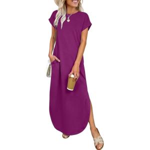 imageANRABESS Womens Summer Maxi Dress 2026 Casual Short Sleeve Loose Split WrinkleFree Beach Vacation Long Sundress with PocketsPurple Red