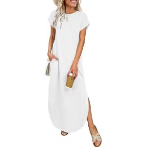 imageANRABESS Womens Summer Maxi Dress 2026 Casual Short Sleeve Loose Split WrinkleFree Beach Vacation Long Sundress with PocketsWhite
