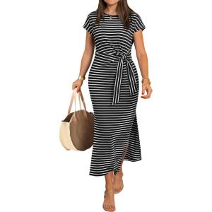 imageANRABESS Womens Summer Maxi Dress Casual Crew Neck Tie Waist Split WrinkleFree Fit Long Fashion Vacation Dresses 2026 SpringBlack White Stripe