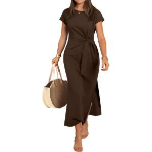 imageANRABESS Womens Summer Maxi Dress Casual Crew Neck Tie Waist Split WrinkleFree Fit Long Fashion Vacation Dresses 2026 SpringBrown