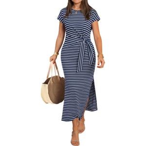 imageANRABESS Womens Summer Maxi Dress Casual Crew Neck Tie Waist Split WrinkleFree Fit Long Fashion Vacation Dresses 2026 SpringNavy Blue White Stripe