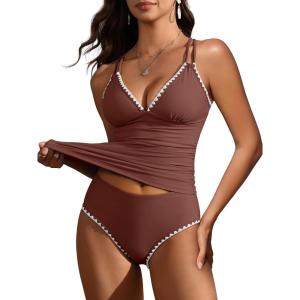 imageANRABESS Womens Tankini Set Two Piece Swimsuit Tummy Control V Neck Top Bathing Suit High Waisted Color Block Swimwear 2026Brown