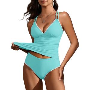 imageANRABESS Womens Tankini Set Two Piece Swimsuit Tummy Control V Neck Top Bathing Suit High Waisted Color Block Swimwear 2026Mint Green