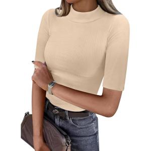 imageANRABESS Womens Tops Mock Neck Half Sleeve Shirts Ribbed Knit Slim Fit Basic Tee 2026 Summer Fall Dressy Casual TShirtsBeige