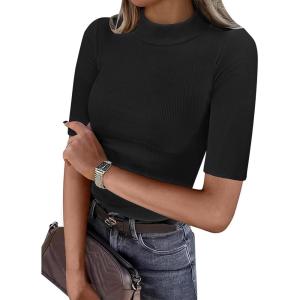 imageANRABESS Womens Tops Mock Neck Half Sleeve Shirts Ribbed Knit Slim Fit Basic Tee 2026 Summer Fall Dressy Casual TShirtsBlack