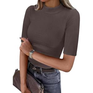 imageANRABESS Womens Tops Mock Neck Half Sleeve Shirts Ribbed Knit Slim Fit Basic Tee 2026 Summer Fall Dressy Casual TShirtsBrown