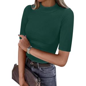 imageANRABESS Womens Tops Mock Neck Half Sleeve Shirts Ribbed Knit Slim Fit Basic Tee 2026 Summer Fall Dressy Casual TShirtsDeep Green