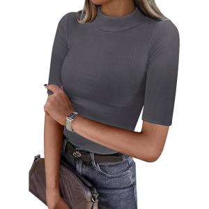 imageANRABESS Womens Tops Mock Neck Half Sleeve Shirts Ribbed Knit Slim Fit Basic Tee 2026 Summer Fall Dressy Casual TShirtsDeep Grey