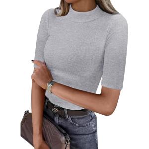 imageANRABESS Womens Tops Mock Neck Half Sleeve Shirts Ribbed Knit Slim Fit Basic Tee 2026 Summer Fall Dressy Casual TShirtsGrey