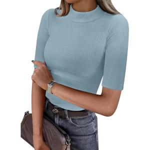 imageANRABESS Womens Tops Mock Neck Half Sleeve Shirts Ribbed Knit Slim Fit Basic Tee 2026 Summer Fall Dressy Casual TShirtsGrey Blue