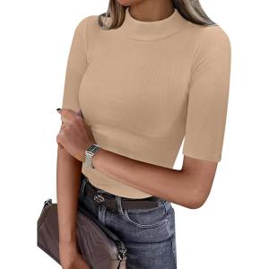 imageANRABESS Womens Tops Mock Neck Half Sleeve Shirts Ribbed Knit Slim Fit Basic Tee 2026 Summer Fall Dressy Casual TShirtsLight Khaki