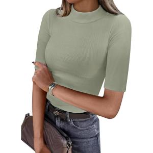 imageANRABESS Womens Tops Mock Neck Half Sleeve Shirts Ribbed Knit Slim Fit Basic Tee 2026 Summer Fall Dressy Casual TShirtsSage Green