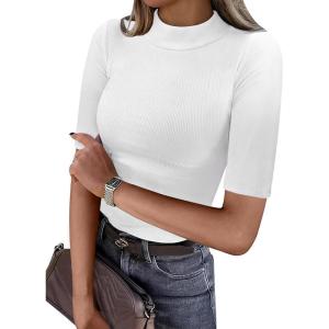 imageANRABESS Womens Tops Mock Neck Half Sleeve Shirts Ribbed Knit Slim Fit Basic Tee 2026 Summer Fall Dressy Casual TShirtsWhite