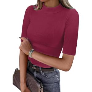 imageANRABESS Womens Tops Mock Neck Half Sleeve Shirts Ribbed Knit Slim Fit Basic Tee 2026 Summer Fall Dressy Casual TShirtsWine Red