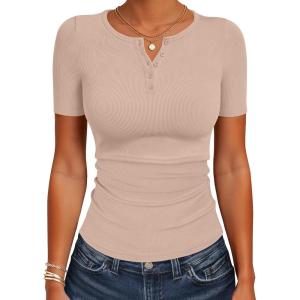 imageANRABESS Womens Tops Short Sleeve Henley Shirts 2026 Summer Ribbed Slim Fit Basic Casual Tee Blouse Trendy Spring ClothingBeige