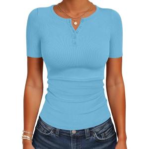 imageANRABESS Womens Tops Short Sleeve Henley Shirts 2026 Summer Ribbed Slim Fit Basic Casual Tee Blouse Trendy Spring ClothingBlue
