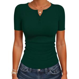imageANRABESS Womens Tops Short Sleeve Henley Shirts 2026 Summer Ribbed Slim Fit Basic Casual Tee Blouse Trendy Spring ClothingDeep Green
