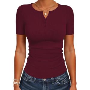 imageANRABESS Womens Tops Short Sleeve Henley Shirts 2026 Summer Ribbed Slim Fit Basic Casual Tee Blouse Trendy Spring ClothingDeep Red
