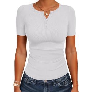 imageANRABESS Womens Tops Short Sleeve Henley Shirts 2026 Summer Ribbed Slim Fit Basic Casual Tee Blouse Trendy Spring ClothingWhite