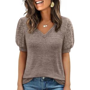 imageANRABESS Womens Tops Short Sleeve Sweaters Dressy Casual V Neck Summer Tunic Blouses Cute Work Shirts 2026 Trendy ClothesBrown