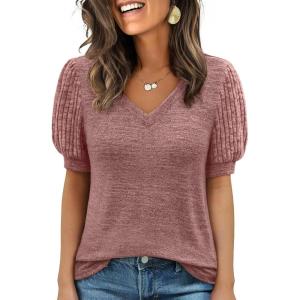 imageANRABESS Womens Tops Short Sleeve Sweaters Dressy Casual V Neck Summer Tunic Blouses Cute Work Shirts 2026 Trendy ClothesCoral